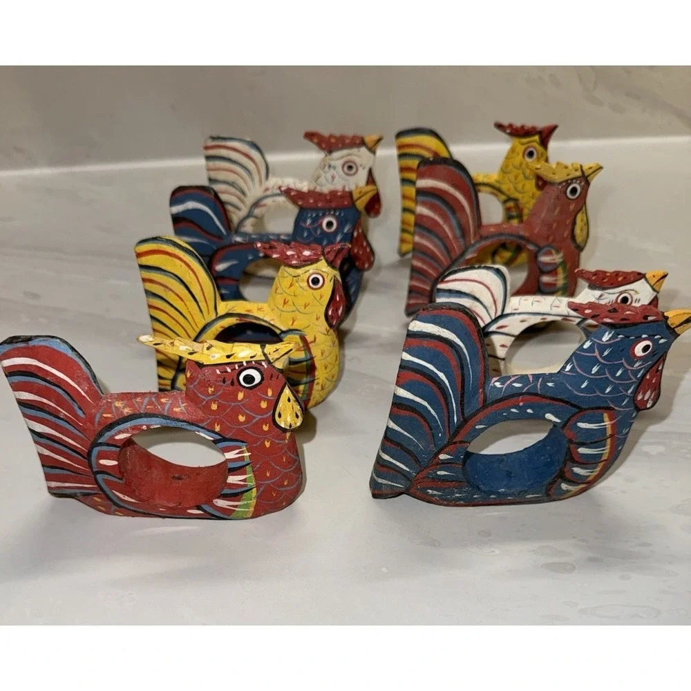 Set of 8 VTG Chicken Hen Farm Wooden Hand Carved/Painted Napkin Rings Cottage